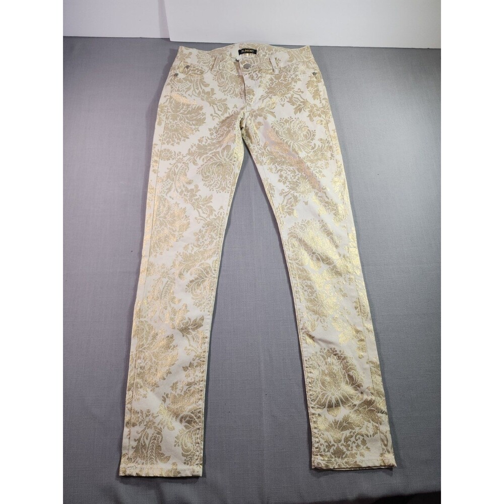 Women’s White Gold Metallic Damask Skinny Jeans High Rise Slim Fit Pants Size S - Picture 2 of 7